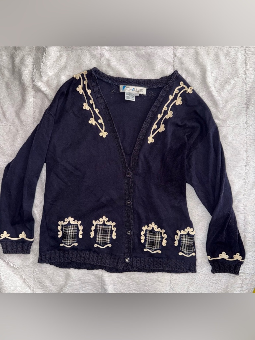 Vintage chaus women’s Navy Button-Up Cardigan Cream Embroidered patchwork sz L